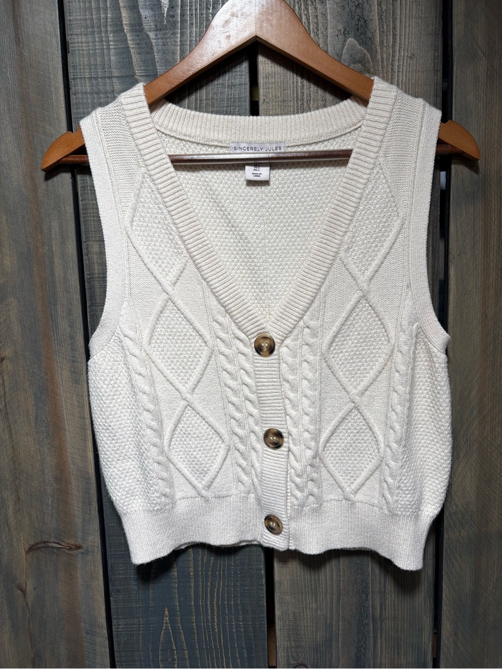Sincerly Jules Cream Cable Knit Button-Front Vest